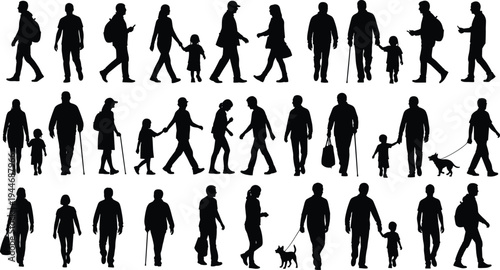 People walking silhouettes collection, men women children elderly with dog and cane urban lifestyle pedestrian activity illustration set