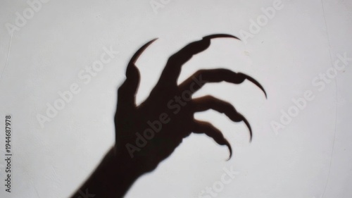 Creepy monster shadow hand with long sharp claws on white wall creating horror and fear concept