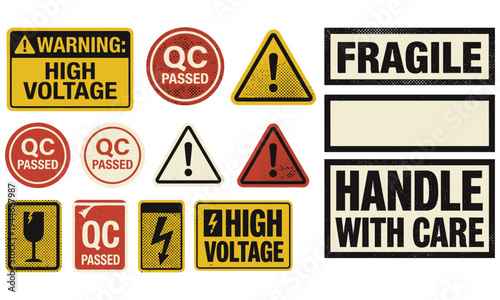 Various warning labels indicate fragile handling and quality control.