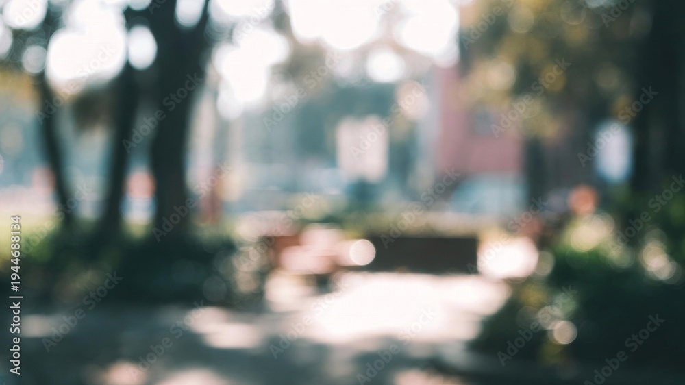 Obraz premium Soft focus city park scene with blurred trees, sunlight, and a walking path presenting a tranquil abstract background