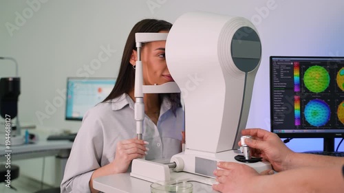 Ophthalmologist performing eye topography examination on patient