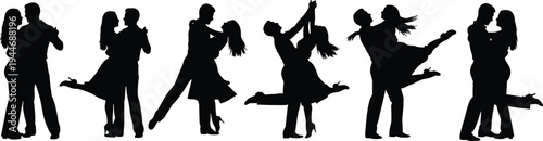 Romantic couple dancing silhouettes collection, love relationship partners dancing together, elegant ballroom dance pose illustration isolated set