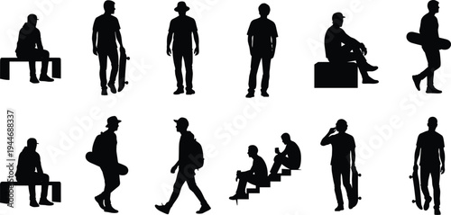 Skateboarder silhouettes collection, young people with skateboard walking sitting carrying board, urban skater lifestyle isolated black silhouette set