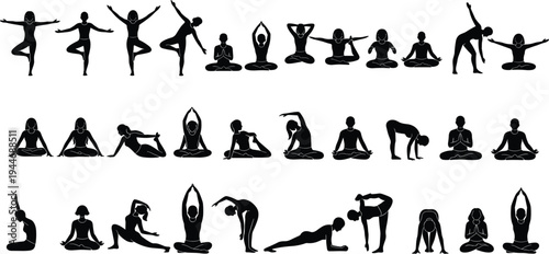 Yoga poses silhouettes collection, meditation and stretching exercise figures, healthy lifestyle, fitness training, isolated black human yoga illustration set