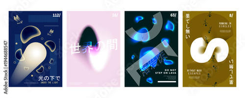 Vector set of modern gradient poster cards with abstract Japanese aesthetic with high concept themes isolated on white background.