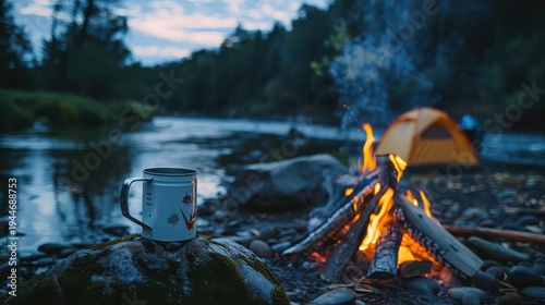 Enamel mug beside campfire on riverbank with tent at dusk