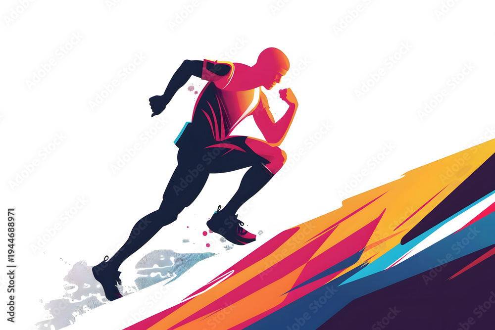 Obraz premium Man runs uphill on a colorful, dynamic abstract background.