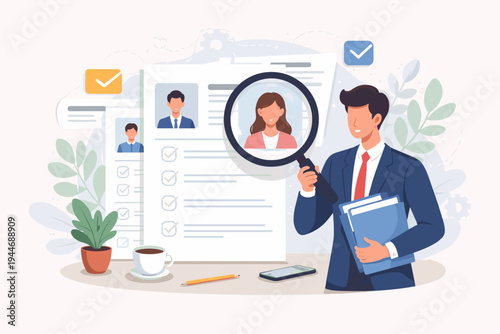 Recruitment and Human Resources Concept with Businessman Holding Magnifying Glass Reviewing Candidate Resumes and CVs for Job Hiring Process, Talent Acquisition, and Professional Selection