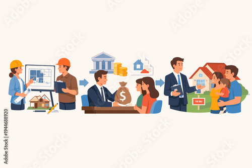 Vector Illustration of the Home Buying Process: From Architectural Planning and Engineering to Bank Loan Approval and Real Estate Agent Selling a New House to a Happy Family with a Child.