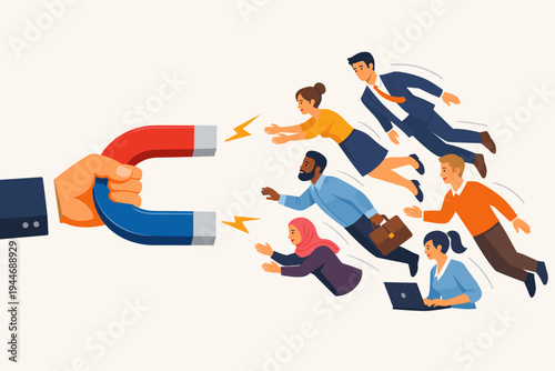 Business Hand Holding Magnet Attracting Diverse Group of People for Customer Acquisition, Lead Generation, Talent Recruitment, Marketing Strategy, Human Resources, and Business Growth Concept