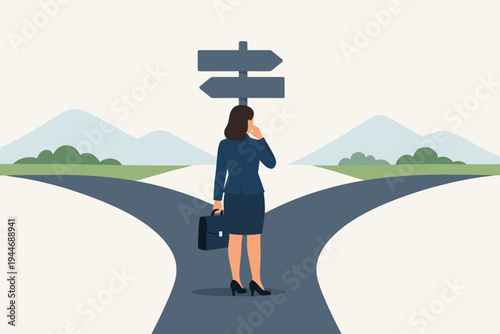 Businesswoman standing at a crossroads with a signpost, making a difficult career choice or business decision. Flat vector illustration of a professional woman facing a fork in the road ahead.