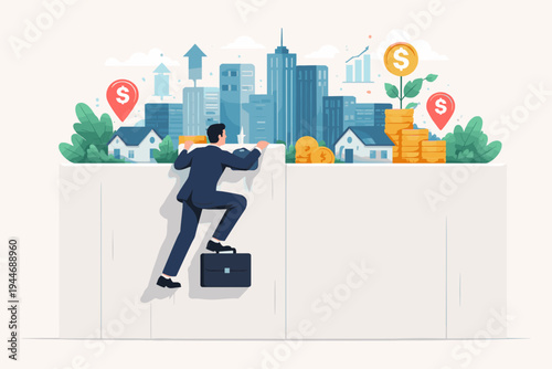Ambitious businessman climbing a wall to reach a city with skyscrapers and gold coins, symbolizing overcoming obstacles to achieve financial success and real estate investment opportunities.