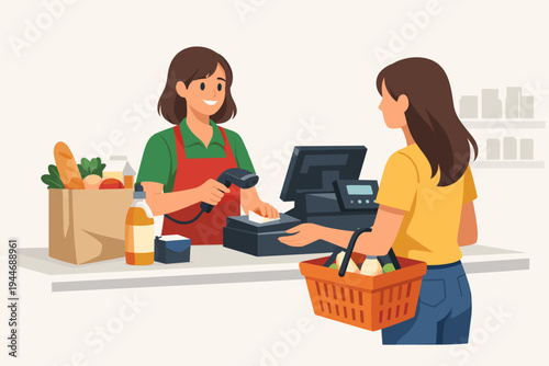 Vector illustration of a friendly female cashier in a red apron scanning groceries at a supermarket checkout for a customer with a shopping basket, featuring a cash register and paper bag.