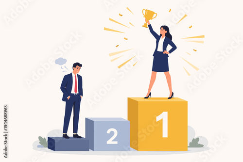 Triumphant Businesswoman Standing on First Place Podium Holding Gold Trophy Celebrating Success and Victory While Defeated Businessman Competitor Stands Below Feeling Jealous and Sad.