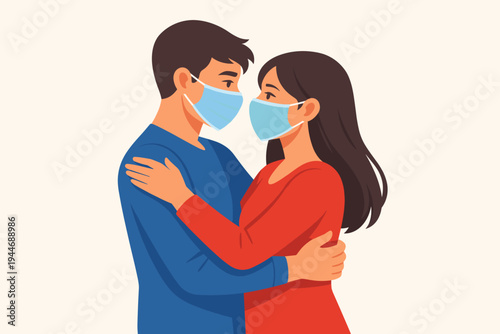 Vector illustration of a young loving couple wearing protective blue face masks while hugging and looking into each other's eyes, representing romance and intimacy during the COVID-19 pandemic.