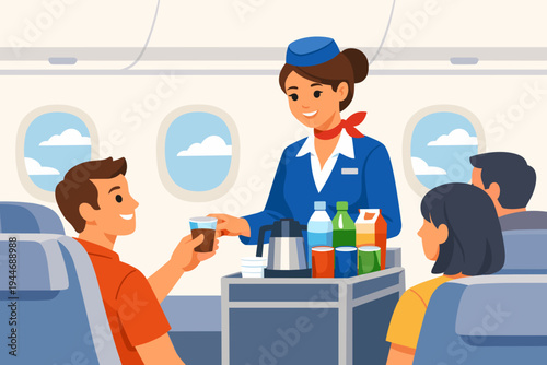 Vector illustration of a friendly female flight attendant in a blue uniform serving coffee and drinks from a trolley to happy passengers inside an airplane cabin during a commercial flight.