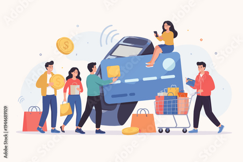 Flat Vector Illustration of People Shopping and Making Payments with a Large Credit Card and POS Terminal, Men and Women Carrying Shopping Bags and Cart, Concept of E-commerce and Retail Finance.