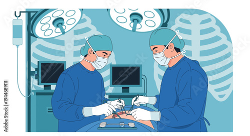 Surgeons Performing Operation in Operating Room with X-ray Background