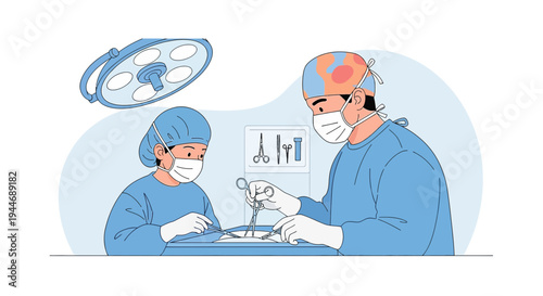 Surgeons Performing Surgery in Operating Room with Surgical Instruments and Lights