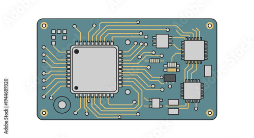 Blue-Green Circuit Board with Microchip and Electronic Components on Isolated White Background