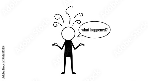 Confused Stick Figure Man Shrugging Shoulders Asking 'What Happened?' with Speech Bubble on Isolated White Background