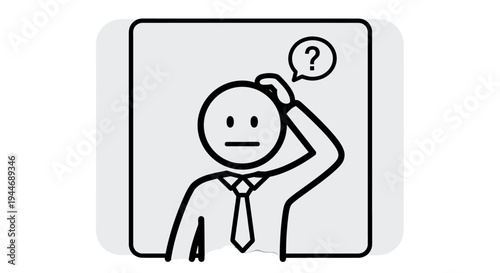 Stick Figure Businessman Thinking with Question Mark Icon in Grey Frame on Isolated White Background
