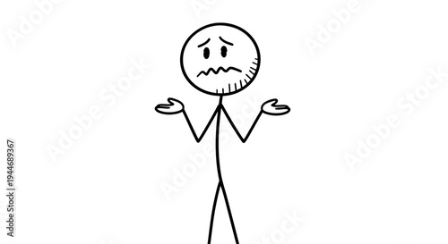 Stick Figure Man Shrugging with Confused Expression on Isolated White Background