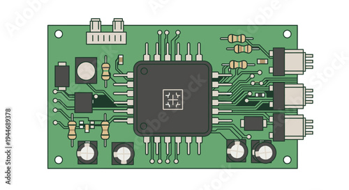 Green Electronic Circuit Board with Microchip and Components on Isolated White Background