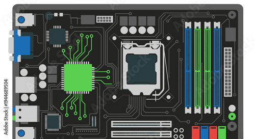 Detailed Motherboard Component with Green Circuitry on Isolated White Background