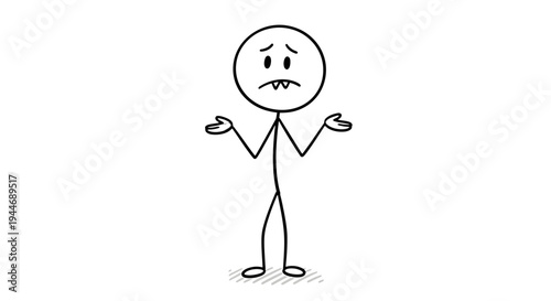 Cartoon Stickman Man Shrugging Shoulders Showing Indifference, Confusion or "I Don't Know" on Isolated White Background