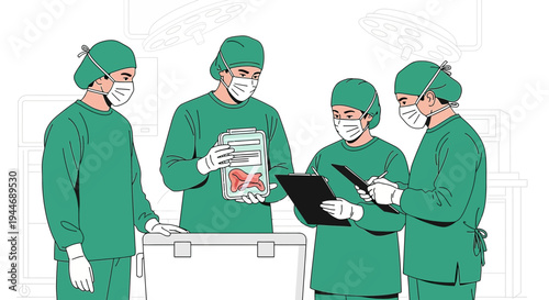 Surgical Team Discussing Organ Transplant Preparation in Operating Room
