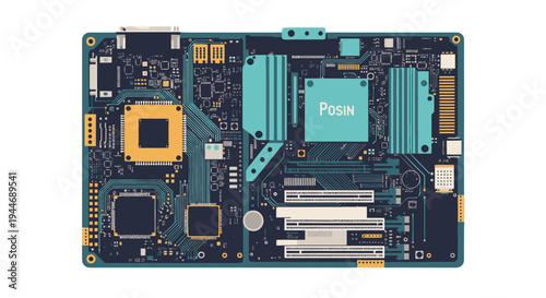 Blue and Gold Electronic Circuit Board with CPU Processor and Connectors on Isolated White Background