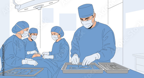 Surgical Team in Operating Room Preparing for Surgery, Medical Professionals in Scrubs and Masks