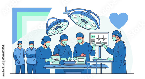 Surgical Team in Operating Room with Medical Equipment and Heart Symbol