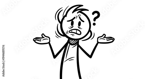 Cartoon Stickman Man Showing Confusion and Question with Shrugging Shoulders and Question Mark Above Head on Isolated White Background
