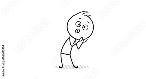 Cartoon Stickman Man Showing Concern or Pensive Thought, Looking Down with Hands Near Mouth on Isolated White Background