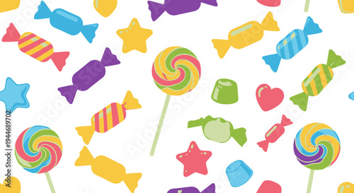 Seamless Pattern Background with Colorful Candies, Lollipops, and Sweets in Bright Studio