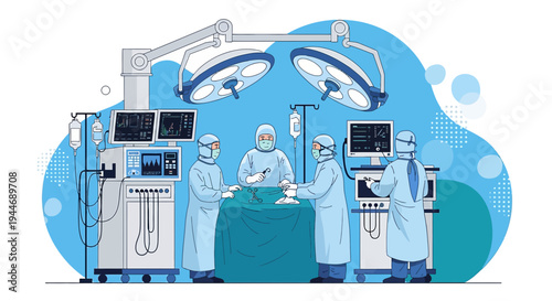 Surgical Team Performing Operation in Modern Operating Room with Advanced Medical Equipment