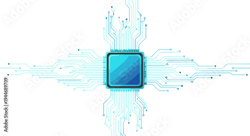 Bright Blue Microchip Processor with Glowing Radiating Circuit Lines Symbolizing Processing Power on an Isolated White Background