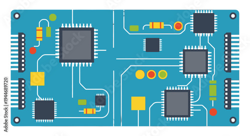 Colorful Electronic Circuit Board with Various Components on an Isolated White Background