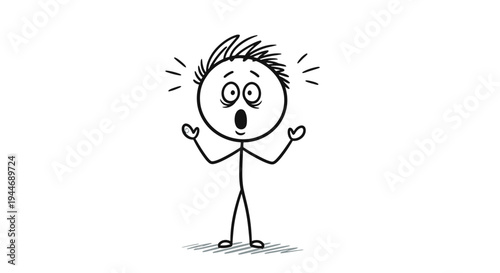 Cartoon Stick Figure Man Expressing Surprise and Shock with Hands Raised on an Isolated White Background