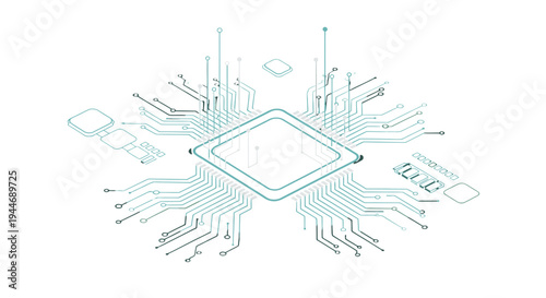 Outline Microchip Processor with Radiating Circuit Lines Representing Data Flow on an Isolated White Background