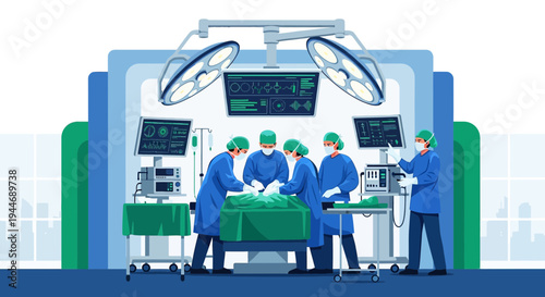 Surgical Team Performing Operation in Modern Operating Room with Advanced Medical Equipment
