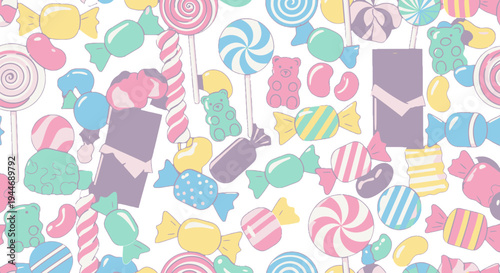 Seamless pattern of assorted pastel candies including lollipops, wrapped sweets, jelly beans, and gummy bears on a white background, creating a playful design.