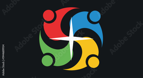 A vibrant abstract logo with four stylized human figures in red, green, blue, and yellow swirl around a central white star on a dark background.