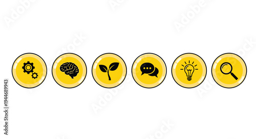 Six black silhouette icons are arranged horizontally in glowing yellow circular buttons on a plain white background.