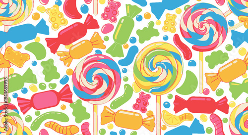 Vibrant seamless pattern of colorful lollipops, wrapped candies, gummy bears, and worms on a white background, creating a sweet and playful confectionery design.