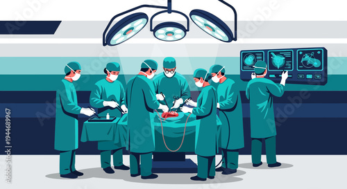 Surgical Team Performing Operation in Modern Operating Room with Medical Screens