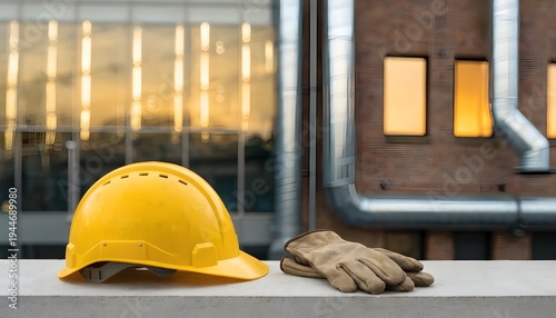Yellow Safety Helmet and Protective Gloves on Construction Site with Industrial Building Background