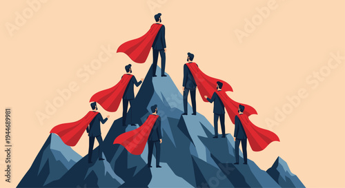 Eight men in business suits and red capes are standing on a dark blue and grey mountain range under a light orange sky.